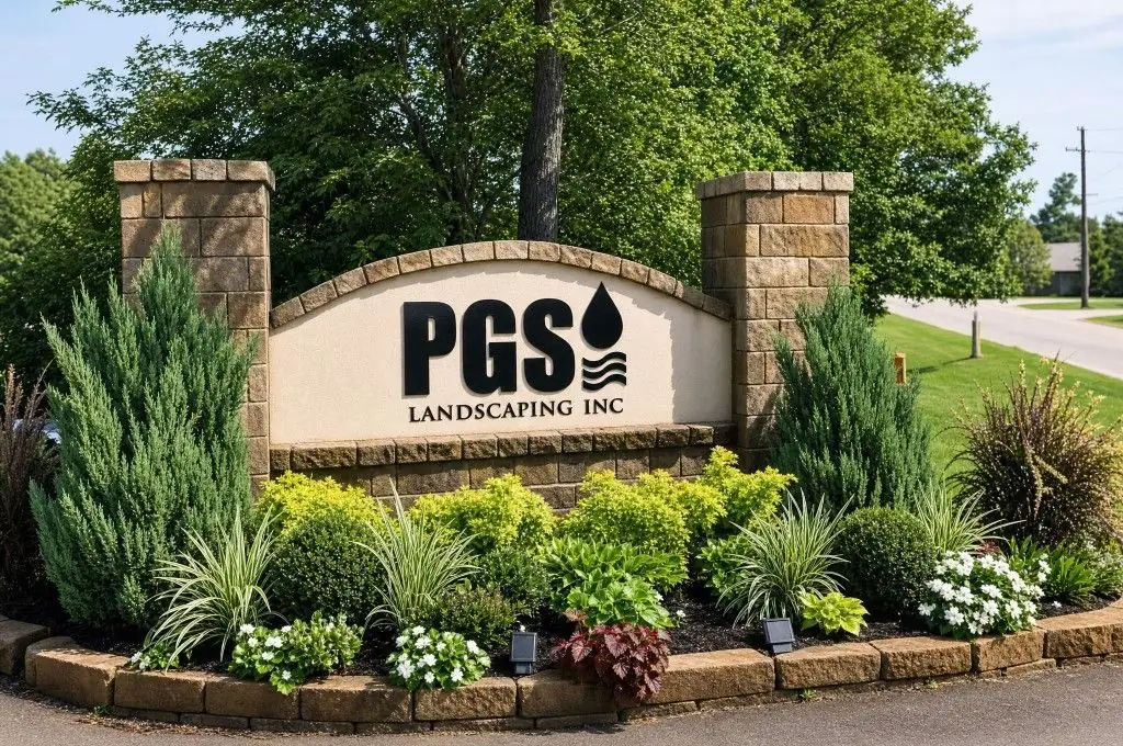 The PGS Landscaping Inc. stone entry sign with full landscape beds at our Magnolia, TX office